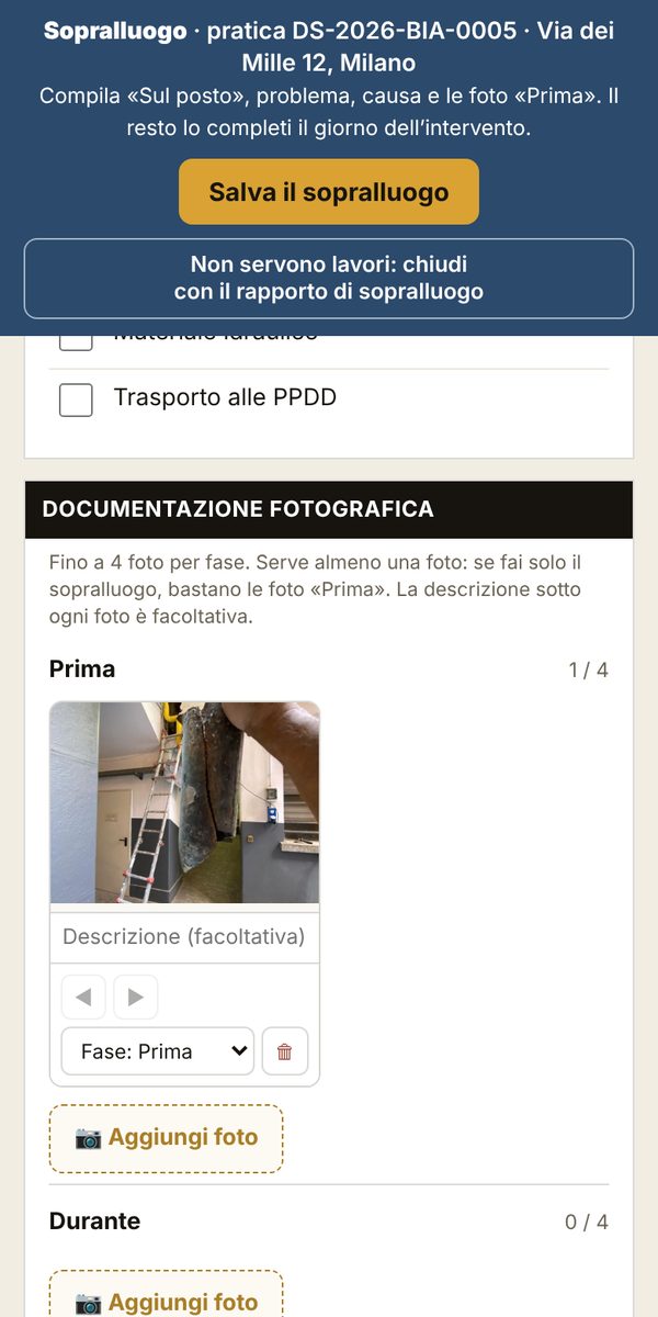 Scheda di sopralluogo con foto dello stato iniziale
